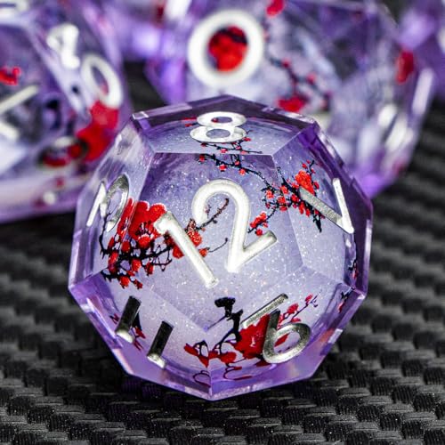 ARUOHHA DND Resin Dice Plum Blossom Liquid Core Silver Purple Sharp Edged Polyhedral Dragons Dice Set with Gift Box, Dungeons D and D Dice Compatible with D&D Role Playing Game D20 D12 D8 D6 D4 - color: Flower&purple White-1