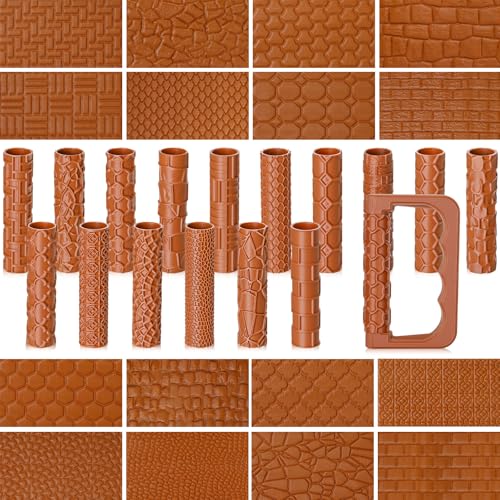Leriton 17 Pcs Clay Texture Roller Set with Handle, 8-Pattern 3D-Printed Miniature Texture Rollers for Clay, Miniatures, Tabletop, Pottery (Terrain) - style: Terrain