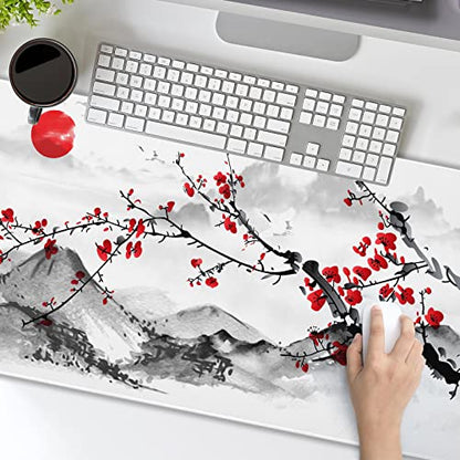 Extended Large Gaming Mouse Pad 35.4 X 15.7 Inch XXL Full Desk Japanese Art Style Cherry Blossom & Sakura Mousepad Non-Slip Rubber Base Big Keyboard Mat with Stitched Edges for Home Office - color: Pink, size: X-Large-XX-Large