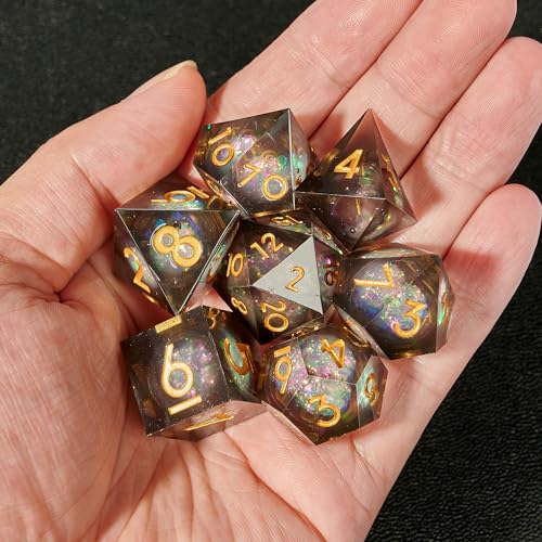 Polyhedral Dice Set 7-Piece, Sharp Edge Black and White Resin Iridecent Mylar Galaxy Dice for Dungeons Dragons D and D RPGs, MTG, Pathfinder and Board Games - color: Resin Black