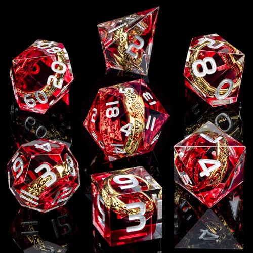 Magic Golden Ring DND Dice Set Sharp Edge Red Resin Dice with Box, for Use with D&D RPG Role Playing Games, Lord D and D Polyhedral Dice Set - color: Ring -Red-2