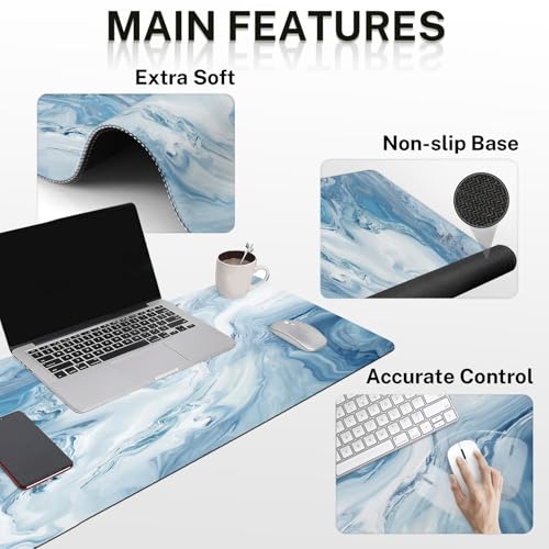 Arttown Keyboard Mouse Pad Set, 4 in 1 Desk Mat Set Marble Abstract | Ocean Blue Gradient Large Mousepad+Keyboard Wrist Rest+Mouse Wrist Rest+Coaster Ergonomic Design for Home Office Computer - color: Blue White Marble