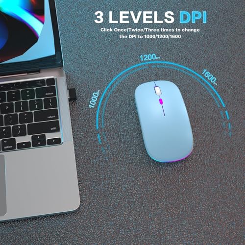 AIKOKOK Wireless Bluetooth Mouse, Rechargeable, Dual Mode Bluetooth 5.2 & 2.4G USB, LED Lights, Slim, Silent, Portable Computer Mouse for Laptop, PC, MacBook, iPad, Tablet (Blue) - color: Blue