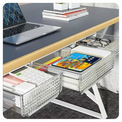 Slide and Stash Under Desk Drawers Office Organizer 2-Pack Small and Medium – Office Organization Drawer Slides Include Adhesive Tape – Easy DIY Installation for Desk Organization, Cupboard, Wardrobe
