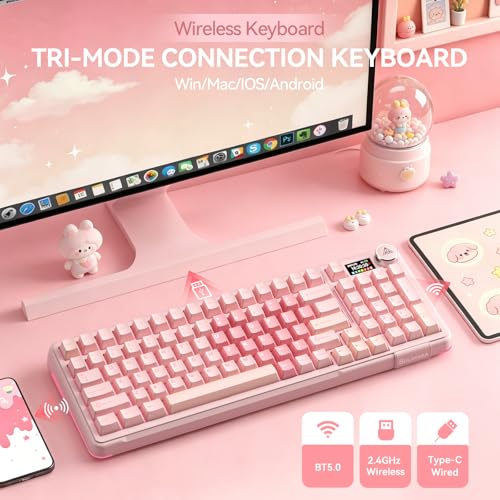 SOLAKAKA A99 Pro Wireless Gaming Keyboard with LCD Screen & Metal Knob, 96% Layout Mechanical Keyboard, 2.4GHz/BT5.0/USB-C, Hot Swappable, Creamy Keyboard with Gasket Structure, RGB, for Win/Mac - color: Pink