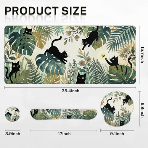 Britimes Green Tropical Plants Keyboard Mouse Pad Set Black Cats 4in1 Large Mousepad+Keyboard Wrist Rest+Mouse Wrist Rest+Coaster Ergonomic Design for Home Office Computer 35.4x15.7 inches - color: Tropical Plants and Cat