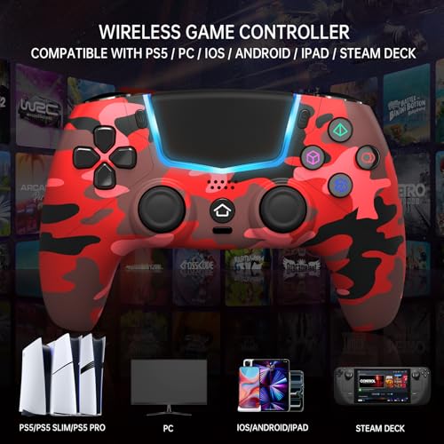 Wireless Controller for PS5, Compatible with PS5/Pro/Slim/PC, Replaces the PS5 Controller with Hall-Effect Joysticks, Hall-effect Triggers, 6-Axis Gyros, Dual Vibration And Turbo, 3.5mm Audio Jack/Speaker, Red - color: Red