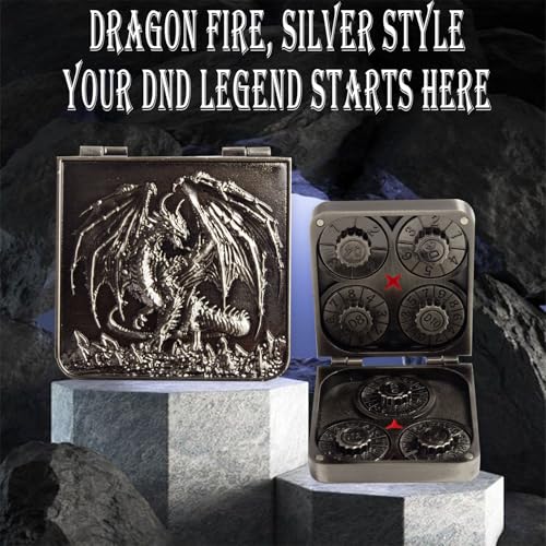 Metal DND Dice Set 7-in-1 D4-D20 3D Dragon Case Leather Bag Silver | 7 in 1 metal polyhedral dice. D4-D20 dnd spinner. 3D dragon case. Leather storage bag. Zinc alloy. DND RPG TTRPG gift. - color: Silver
