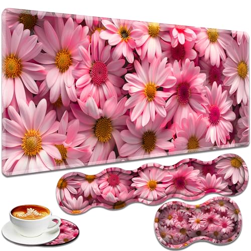 Large Gaming Mouse Pad + Keyboard Wrist Rest + Wrist Support + Coaster Set, Memory Foam Ergonomic for Easy Typing, XXL Extended Gaming Mouse Pad Table Pad - Pink Daisy - color: Pink Daisy
