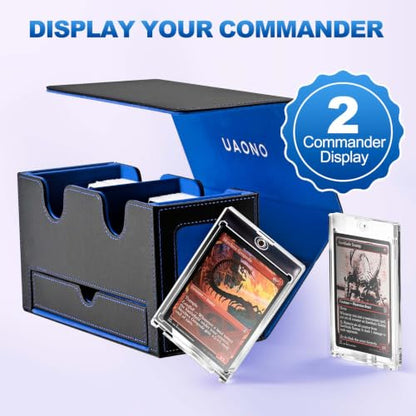 UAONO 3-in-1 MTG Commander Deck Box, Black Blue | 2 Magnetic Card Holders & 1 Dice Tray, Fits 200 Double Sleeved, Card Organizer Compatible with Magic the Gathering - color: Black&Blue