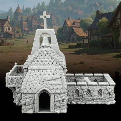 AUSPDICE RPG Accessory, 25mm Medieval Village Church Tabletop RPG Terrain | 1:64 Unpainted Fantasy Chapel with Bell Tower, DND Terrain Building for Dungeons and Dragons, TTRPG Wargame Scenery-AF1124G - color: Af1124g Medieval Village G