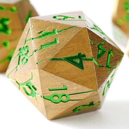 Metal Dice for DND - Ancient Cracked Pharaoh Ruins - Gold Green Cracks | Beautiful 7pc Polyhedral Dice Set, Smooth Rolling, Role Playing Games (RPG), Compatible with D&D, for Dungeons and Dragons - color: Gold and Green Cracks