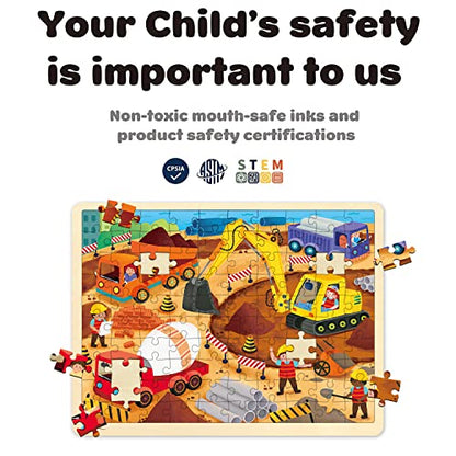 100 Piece Puzzles for Kids Ages 4-8, Construction Site | Wooden Jigsaw Puzzle for 3 4 5 6 Year Old, With Tray - style: 100 Piece