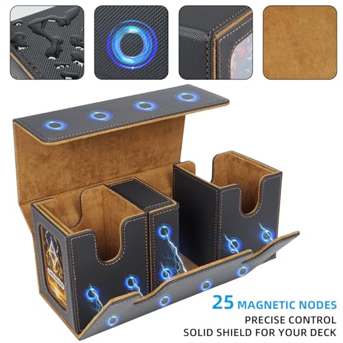 AFIING MTG Commander Deck Box 200 Double Sleeved Cards Storage, 3-in-1 Magnetic Card Case Organizer for Magic: The Gathering TCG CCG, 4 Dividers & 2 Toploaders (Black/Gold) - color: Black Gold