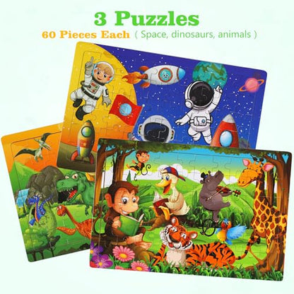 Wooden Puzzles Toys for Kids Ages 4-6, Set of 3 Packs with 60-Piece Wood Jigsaw Puzzles, Dinosaur, Animal and Space Theme. Ideal Gifts for Boys and Girls 3 4 5 6 7 8 Years Old