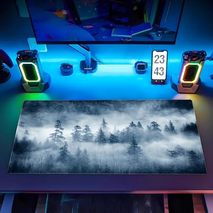 Misty Forest Desk Mat, Pine Tree Large Gaming Mouse Pad 31.5x15.7 in | Calming foggy forest nature desk pad with soft 3mm cushion, smooth fabric top, and non-slip natural rubber base. - color: Misty Forest