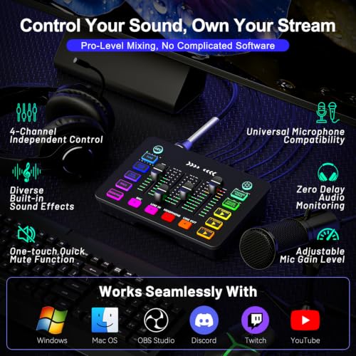 4K Video Capture Card with Audio Mixer, 1080P 60fps Streaming, 4K Zero-Latency Loop Out, XLR/48V Phantom Power, Voice Changer, RGB, 4 Faders, Plug & Play for Gaming/Podcast/Recording
