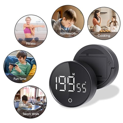 Digital Kitchen Timers, Magnetic Rotary Timer with Large LED Display, 3 Volume Levels, 0-199Min Countdown/Up, Easy Operation for Cooking, Studying, Fitness, Kids & Seniors - color: Black