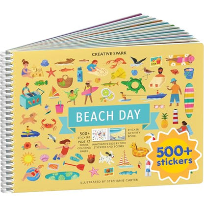 Beach Day 500+ Kids Sticker Book by Cupkin Fun Toddler Travel Activity Coloring and Sticker Book, Road Trip Essentials, 12 Coloring Pages 12 Side by Side Scenes for Ages 2–8 Years - color: Beach Day