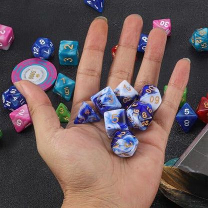 QMAY DND Dice Set - 7 Pcs Polyhedral Dice with D&D Dice Bag for Dungeon and Dragons, RPG, MTG, Role Playing Games Dice (Blue Mix White) - color: Blue and White