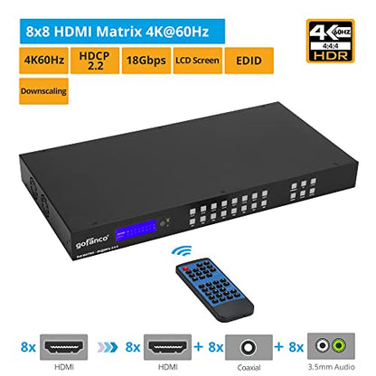 gofanco 8x8 HDMI Matrix Switch with LCD Info Screen (Matrix88HD2) | 1U, 4K60Hz 4:4:4, HDCP 2.2/1.4, Auto Downscaling, Supports Dolby Vision, HDR10, HLG, Atmos, Audio Embed/Extract, EDID - size: 4K 60Hz 8x8