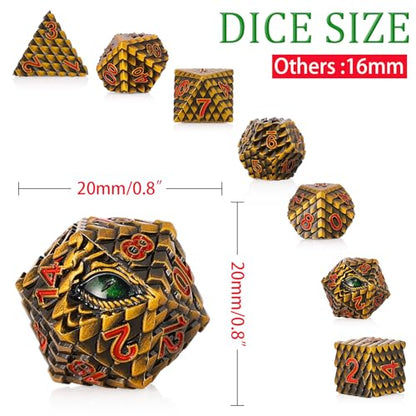 Metal Dice Set D&D,7 PCS Dragon Scale Metallic DND Dice Set,Dragon Eye Metal Dice with Gift Metal Box for Dungeons and Dragon Tabletop Game (Yellow Dragon Scale & Green Eye) - color: Yellow Dragon Scale & Green Eye