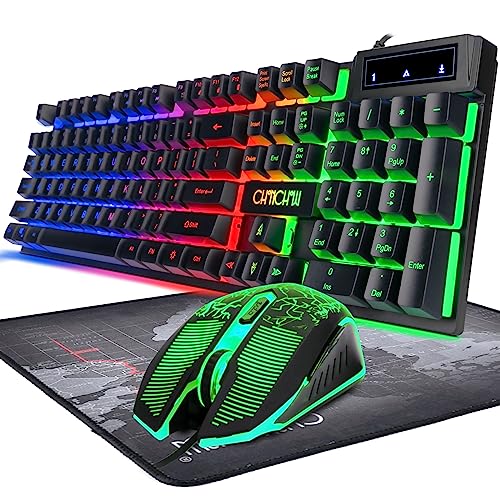 Keyboard and Mouse Gaming LED Wired Combo with Emitting Character Keyboard 4800DPI 2 Side Button USB Mouse Rainbow Backlit Mechanical Feeling Compatible with PC Raspberry Pi Mac Xbox one ps4 - color: 910b