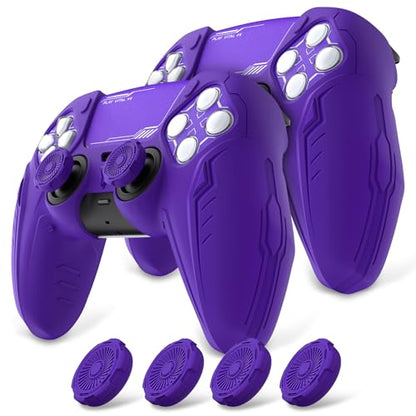 PlayVital 2 Pack Silicone Skin Set for PS5 Controller - Charging Dock Compatible, Full Protection Case with Futuristic CyberMech Design, Soft Cover with Thumb Grips & Stickers - Purple - color: 2 Purple