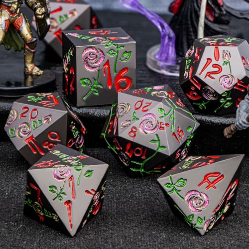 Gothic DND Dice Set Bleeding Rose Metal D and D Dice for use with Dungeons Dragons D&D Role Playing Game, Purple Red RPG Blood Polyhedral Dice Set D20 D12 D10 D8 D6 D4 - color: Purple Red&black&red Numbers