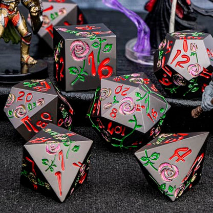 Gothic DND Dice Set Bleeding Rose Metal D and D Dice for use with Dungeons Dragons D&D Role Playing Game, Purple Red RPG Blood Polyhedral Dice Set D20 D12 D10 D8 D6 D4 - color: Purple Red&black&red Numbers