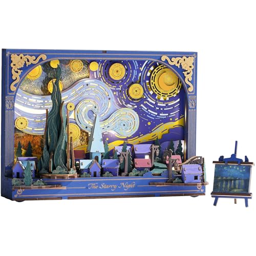 3D Wooden Puzzles for Adults Van Gogh Starry Night DIY Model Building Kits with LED Light - Home Decor, Wall Art & Unique Creative Gifts for Art Lovers/Men/Women - style: Starry Night