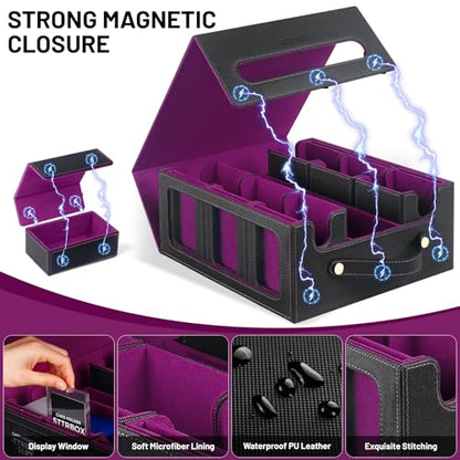 Commander Deck Box with Handle, Trading Card Storage Box for MTG&TCG.7 in 1 MTG Deck Box with 6 Toploaders, 6 Stoppers, 10 Colorful Dividers. (Black& Purple, 7 IN 1) - color: Black& Purple