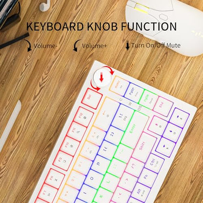 Newmen GM326 75% Percent Mechanical Keyboard,Wired Mini Backlit Hot Swappable Gaming Mechanical Keyboard with Knob,82 Keys Anti-Ghosting Compact White Gaming Keyboards for PC Win Mac,Red Switch - color: White