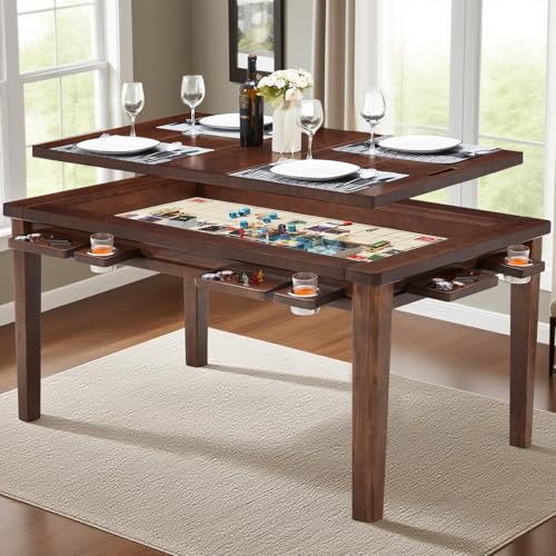63"x39" Board Game Table with Removable Top Solid Wood Dining/Gaming Table | Gaming Table for 4-6 Players with Play Mat, 6 Detachable Cup Holders & 6 Hobby Trays (Black Walnut) - color: Black Walnut