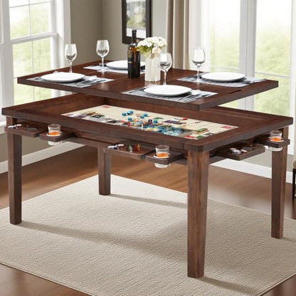 63"x39" Board Game Table with Removable Top Solid Wood Dining/Gaming Table | Gaming Table for 4-6 Players with Play Mat, 6 Detachable Cup Holders & 6 Hobby Trays (Black Walnut) - color: Black Walnut