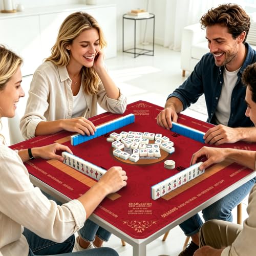 Red Mahjong Mat for Table with Rules, 31.5" x 31.5" Noise Reduction Non Slip Waterproof Mah Jong Table Mat with Carrying Bag, Suitable for Mahjong, Poker, Board Games, Dominoes, and Card Games - color: Red