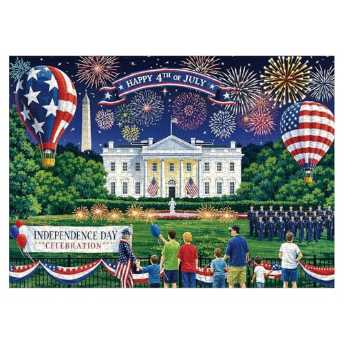250th Anniversary USA Puzzles for Adults 1000 Pieces, 4th of July Patriotic Fireworks Jigsaw Puzzle, American Flag Hot Air Balloon Celebrate Birthday Puzzle - color: Patriotic Red, White, and Blue