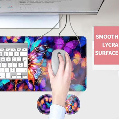 Mouse Pad,Large Desk Mat Set, 4in1 XL Mousepad + Keyboard Wrist Rest+Mouse Wrist Rest+Coaster with Ergonomic Desk Pad for Home Office Table Computer Cover -Colorful Butterfly - color: Colorful Butterfly