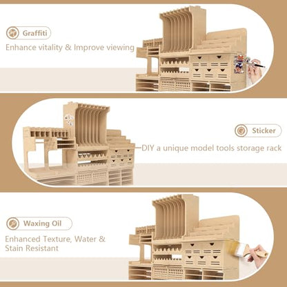 Wooden Model Kit Tool Organizer Storage Rack, Paint Rack Organizer with MDF Material, Brush/Screwdriver Storage, Craft Supplies Storage, Suitable for Tamiya Gundam Model Tools, GK10