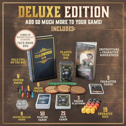 Facade Games Deadwood 1876 Deluxe Edition, Gold Rush for 2-9 Players | Ages 14 and Up, Wild West Theme, Deluxe Upgrades: Silver Coins, Tokens & Character Abilities - style: Deluxe Deadwood 1876