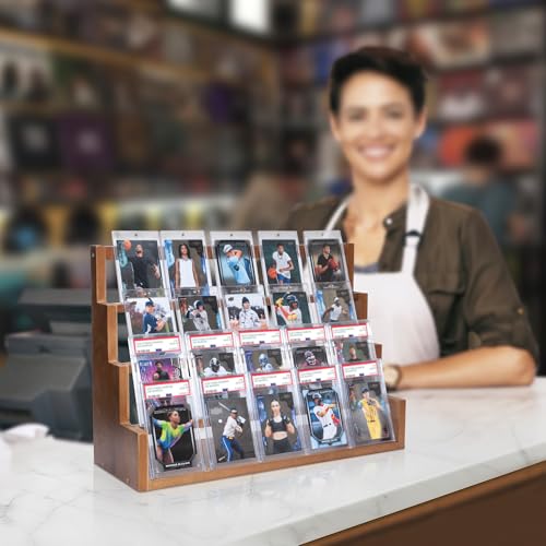 Donmills 4 Tier Card Display Stand, Wooden Trading Card Display Stand Tabletop, Graded Baseball Sports Card Display Shelf for Basketball Football Cards Game Collection, Show & Vendor, Brown - color: Brown-tabletop