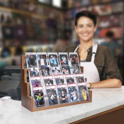 Donmills 4 Tier Card Display Stand, Wooden Trading Card Display Stand Tabletop, Graded Baseball Sports Card Display Shelf for Basketball Football Cards Game Collection, Show & Vendor, Brown - color: Brown-tabletop