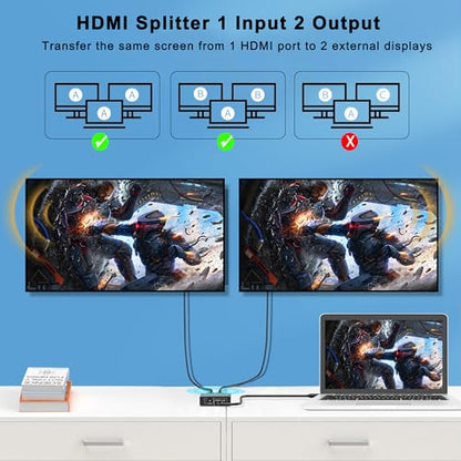 HDMI Splitter 1 in 2 Out, 4K HDMI Splitter for Dual Monitors | Dual Monitors Adapter Support 4K 3D 1080P, Compatible for PS4 Blu-Ray Player FireStick HDTV and More - size: 1 in 2 out