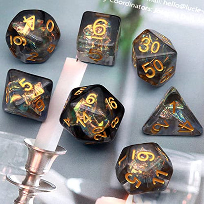 Haxtec Black DND Dice Set, 7 Pcs Iridescent Resin Polyhedral RPG Dice | Role Playing Games Dice with Velvet Pouch, Rounded Edge, Compatible with Dungeons and Dragons, Gifts for D&D Lovers - color: Black Gold