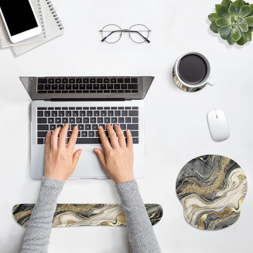 Ergonomic Mouse Pad Set with Wrist Rest, Black Gold Marble | Abstract Non-Slip Rubber Base Wrist Cushion Support and Coasters Mousepad with Wrist Support for Computer Keyboard - color: Black Gold Glitter Marble