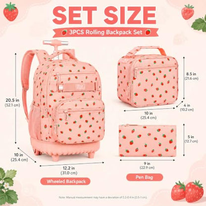 3Pcs Rolling Backpack for Girls Women, Travel Roller Backpacks with Wheels for Adults, Teens College Strawberry Wheeled Bookbag with Lunch Box (Pink) - color: Strawberry Pink