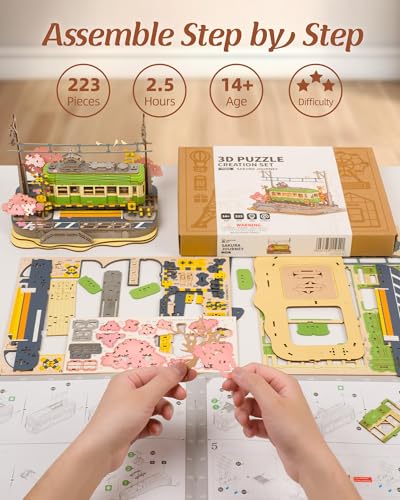 Rolife 3D Wooden Puzzle for Adults, Sakura Journey Tram DIY Model Building Kits with LED Lights, Creative Kids Craft Hobby Gift and Brain Teaser Home Decor Assembly Toy
