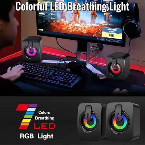 1 Pair USB-Powered Computer Speakers with Colorful LED Lights, Compact Stereo Design for Desktop, Laptop, Gaming, Office & Travel - color: Black