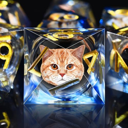 AUSTOR 7 Die DND Dice Set 7 Pieces Cat Resin Dice Role Playing D and D Dice D20 D12 D10 D8 D6 D4 Sharp Edge Dungeons and Dragons Dice with Case - color: Cat - Blue