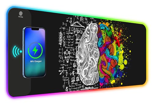 ToLuLu RGB Gaming Wireless Charging Mouse Pad, 7.5/10/15W 10 Light Modes LED Mouse Pad Computer Keyboard Mat Mousepad, 800x300x4MM Extended Large Desk Mat for Gaming, MacBook, Laptop, PC, Human Brain - color: Human Brain